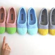 Crochet Slippers for Women in Apple Green and Pink