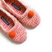Crochet Slippers for Women, House Shoes in Salmon Pink Coral Orange Felt Ball
