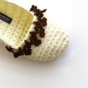 Crochet Slippers with Floral Crochet Lace Border, Women's House Shoes, Off White Brown